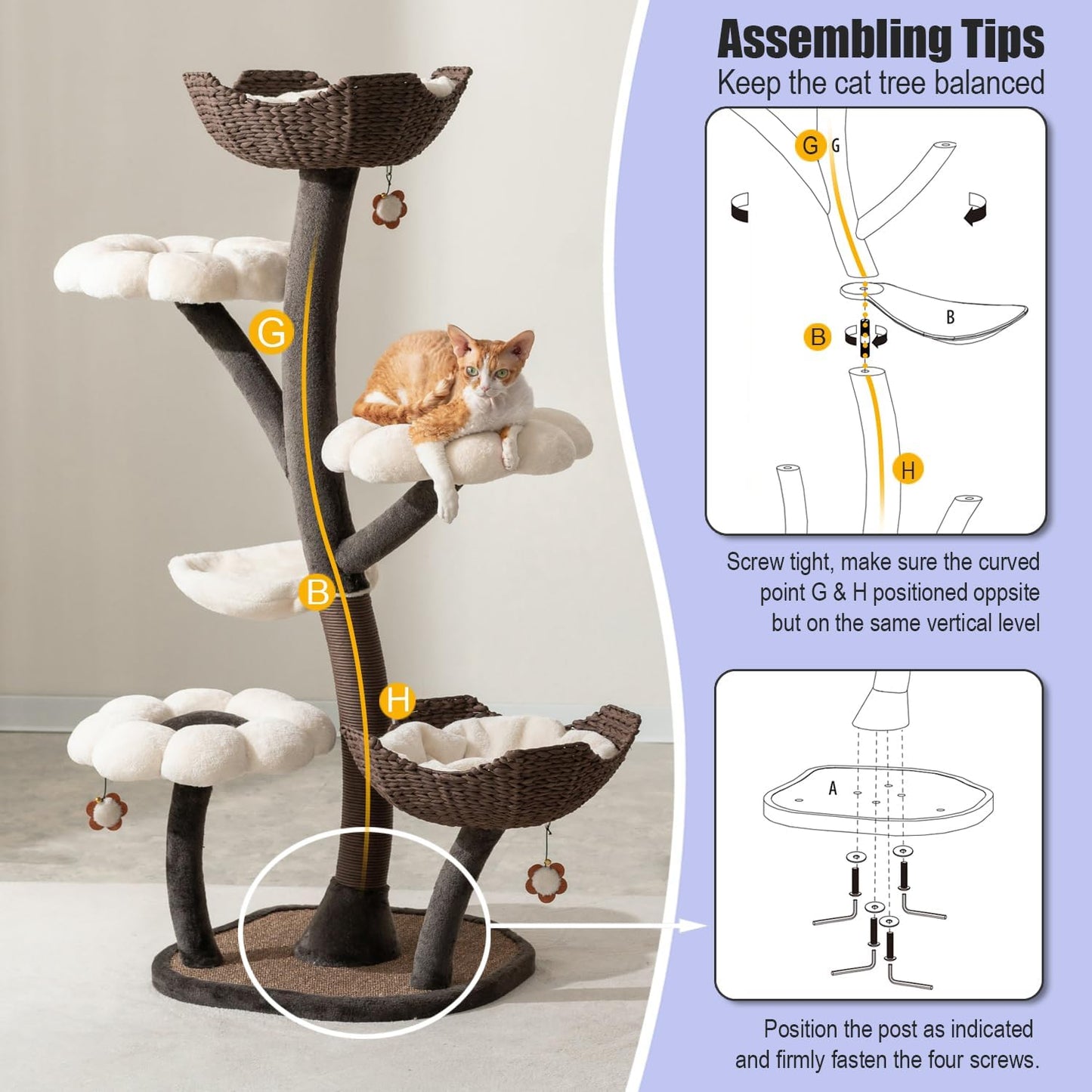 Catry Flower Cat Tree with Hideaway Condo, 3 Perches and Scratching Posts | Aesthetic floral cat condo tower for indoor cats, features durable sisal scratching posts, cozy plush flower beds & perches