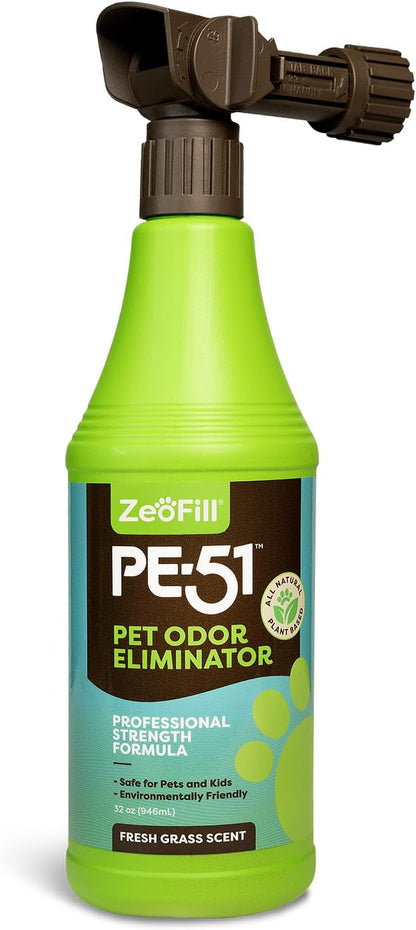 PE-51 Pet Odor Eliminator – Urine Odor Neutralizer with Max Flow Garden Hose Spray Nozzle | Pet, Turf & Yard Smell Remover | Cat & Dog Pee Deodorizer Spray | All Natural Enzymes | 32oz Bottle