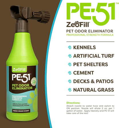 PE-51 Pet Odor Eliminator – Urine Odor Neutralizer with Max Flow Garden Hose Spray Nozzle | Pet, Turf & Yard Smell Remover | Cat & Dog Pee Deodorizer Spray | All Natural Enzymes | 32oz Bottle