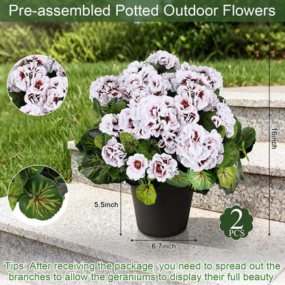 2 Pcs Pre-Potted Artificial Flowers for Outdoor - Pink | Faux Silk Geranium with Pot, 16 Inch, UV Resistant, Realistic, Front Porch Yard Balcony Home Decor