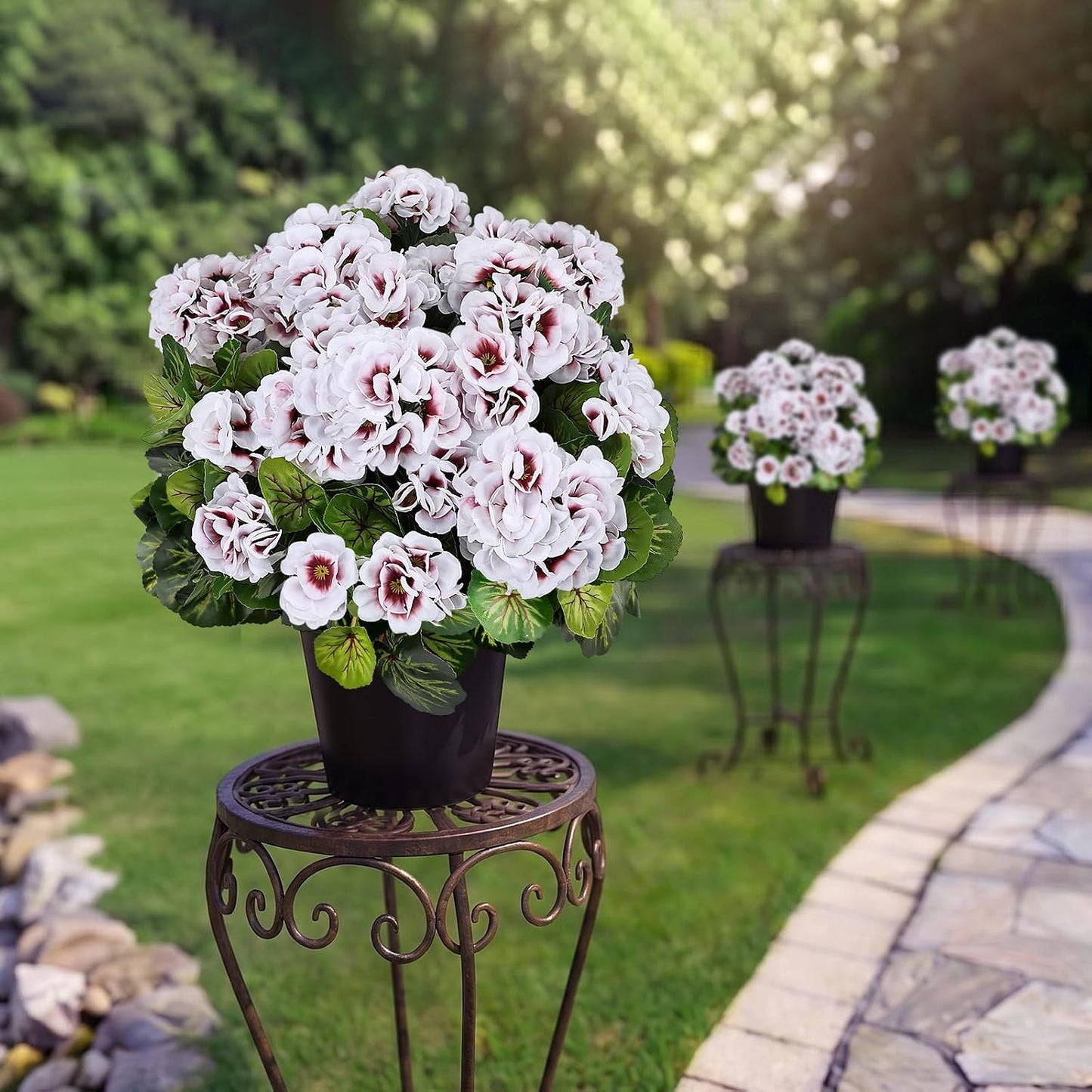 2 Pcs Pre-Potted Artificial Flowers for Outdoor - Pink | Faux Silk Geranium with Pot, 16 Inch, UV Resistant, Realistic, Front Porch Yard Balcony Home Decor