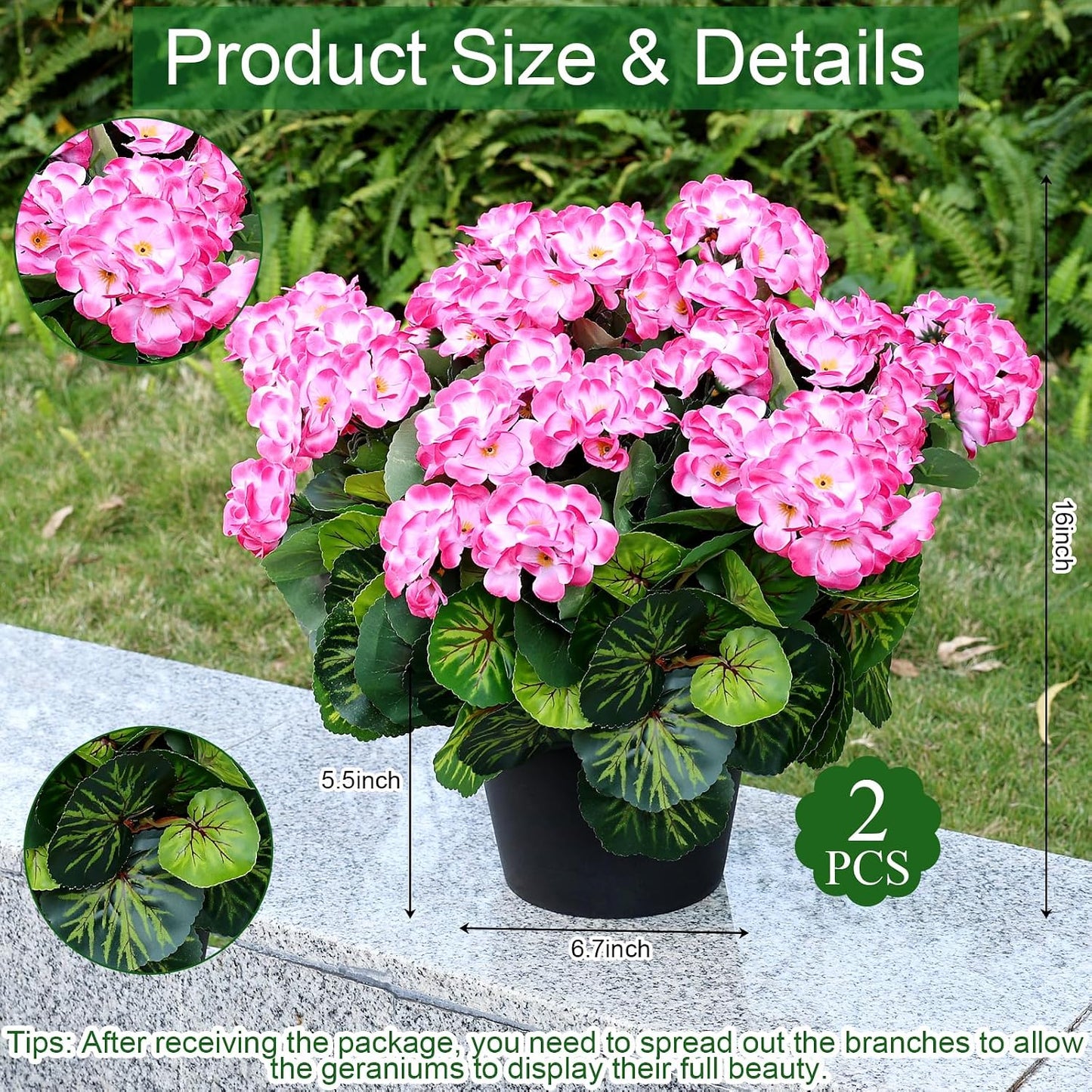 2 Pcs Pre-Potted Artificial Flowers for Outdoor - Pink | Faux Silk Geranium with Pot, 16 Inch, UV Resistant, Realistic, Front Porch Yard Balcony Home Decor