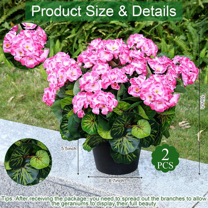 2 Pcs Pre-Potted Artificial Flowers for Outdoor - Pink | Faux Silk Geranium with Pot, 16 Inch, UV Resistant, Realistic, Front Porch Yard Balcony Home Decor