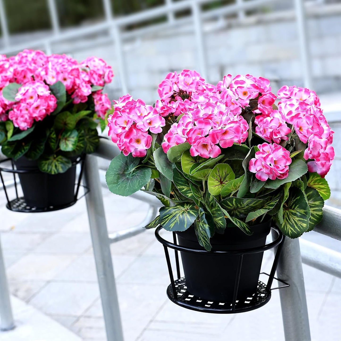 2 Pcs Pre-Potted Artificial Flowers for Outdoor - Pink | Faux Silk Geranium with Pot, 16 Inch, UV Resistant, Realistic, Front Porch Yard Balcony Home Decor