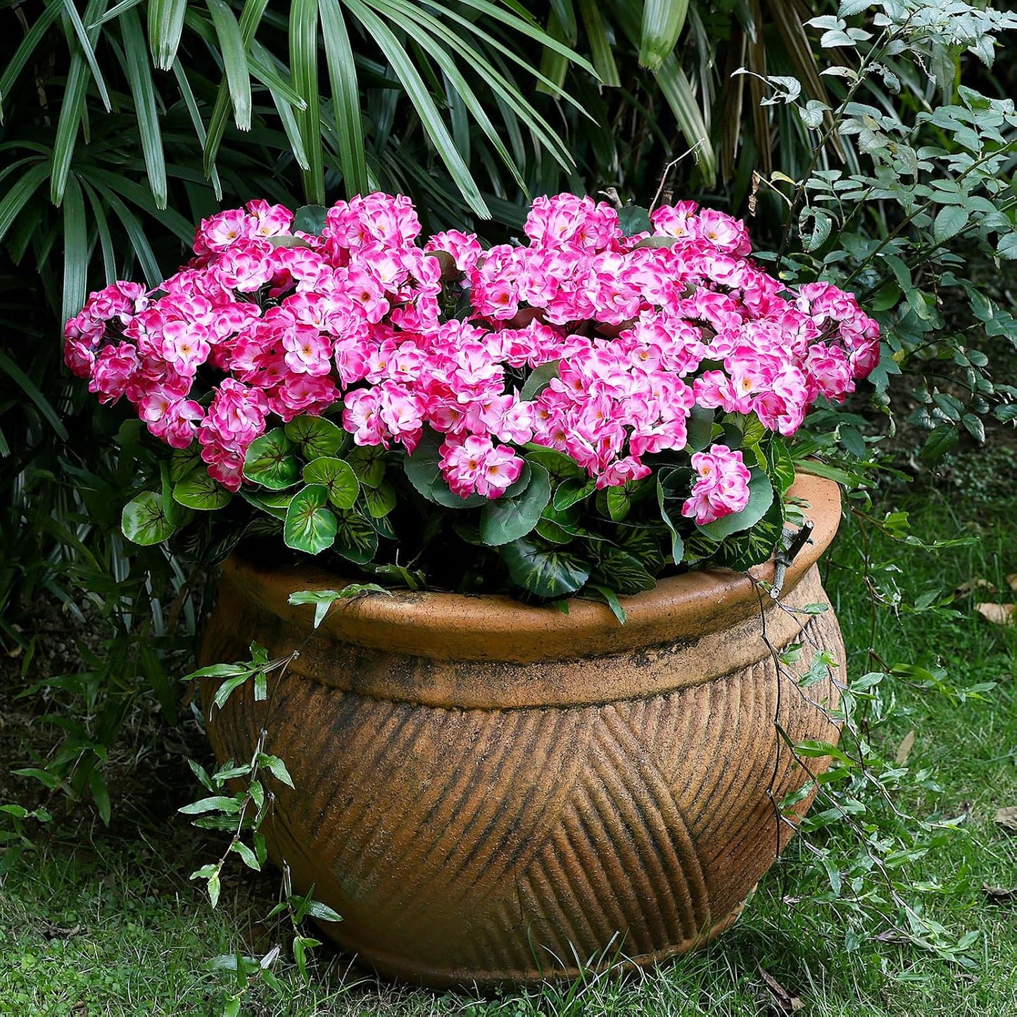 2 Pcs Pre-Potted Artificial Flowers for Outdoor - Pink | Faux Silk Geranium with Pot, 16 Inch, UV Resistant, Realistic, Front Porch Yard Balcony Home Decor