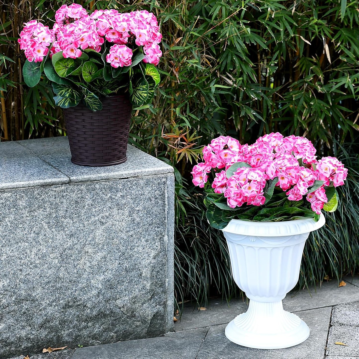 2 Pcs Pre-Potted Artificial Flowers for Outdoor - Pink | Faux Silk Geranium with Pot, 16 Inch, UV Resistant, Realistic, Front Porch Yard Balcony Home Decor