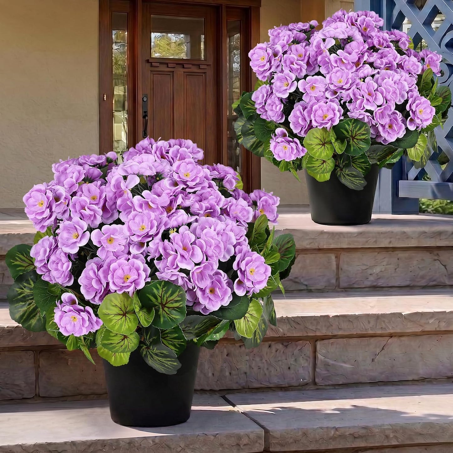 2 Pcs Pre-Potted Artificial Flowers for Outdoor - Pink | Faux Silk Geranium with Pot, 16 Inch, UV Resistant, Realistic, Front Porch Yard Balcony Home Decor