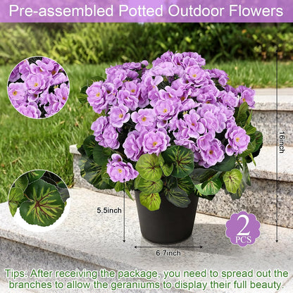 2 Pcs Pre-Potted Artificial Flowers for Outdoor - Pink | Faux Silk Geranium with Pot, 16 Inch, UV Resistant, Realistic, Front Porch Yard Balcony Home Decor