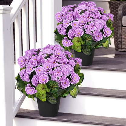 2 Pcs Pre-Potted Artificial Flowers for Outdoor - Pink | Faux Silk Geranium with Pot, 16 Inch, UV Resistant, Realistic, Front Porch Yard Balcony Home Decor