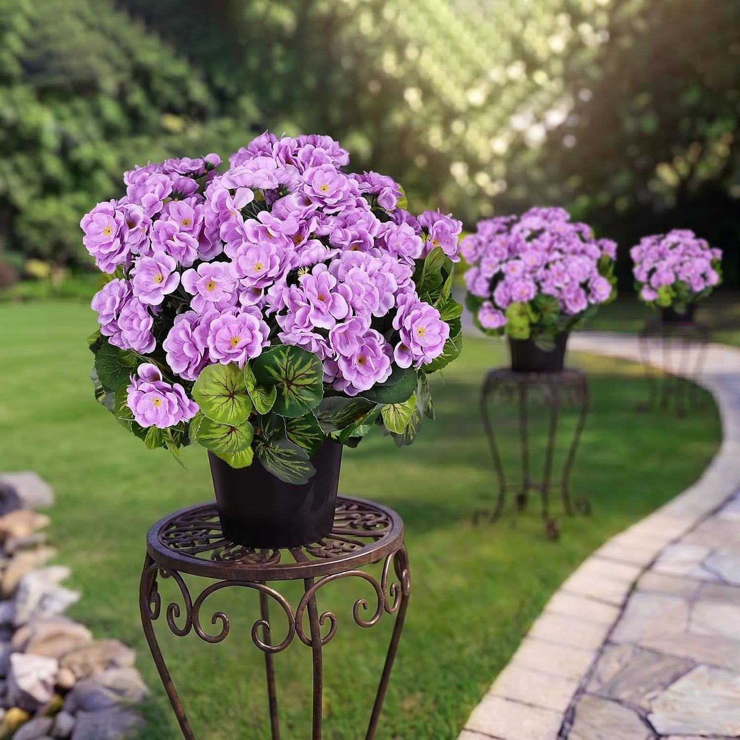 2 Pcs Pre-Potted Artificial Flowers for Outdoor - Pink | Faux Silk Geranium with Pot, 16 Inch, UV Resistant, Realistic, Front Porch Yard Balcony Home Decor