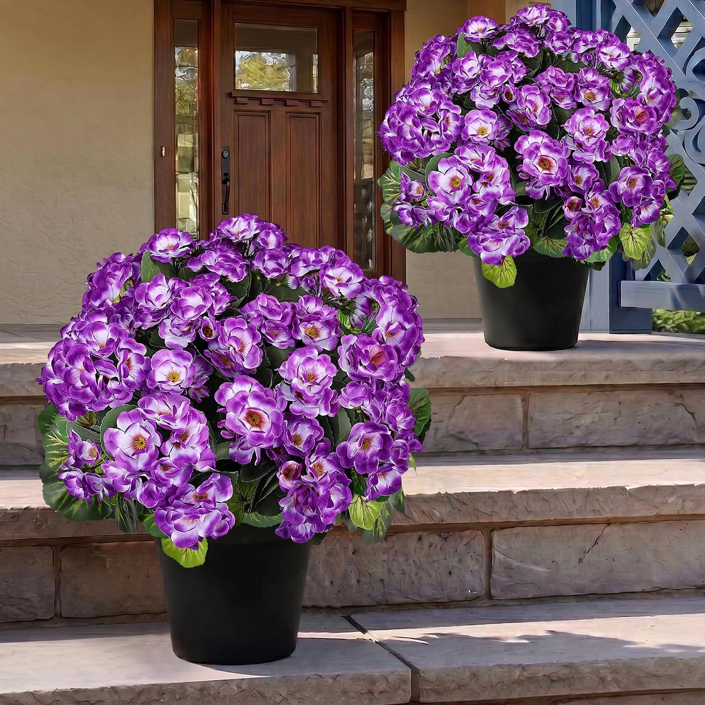 2 Pcs Pre-Potted Artificial Flowers for Outdoor - Pink | Faux Silk Geranium with Pot, 16 Inch, UV Resistant, Realistic, Front Porch Yard Balcony Home Decor