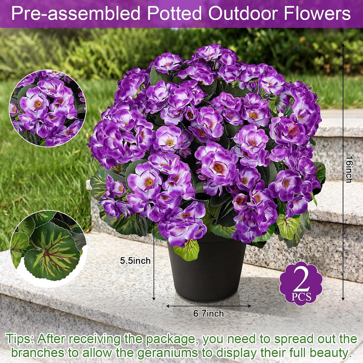 2 Pcs Pre-Potted Artificial Flowers for Outdoor - Pink | Faux Silk Geranium with Pot, 16 Inch, UV Resistant, Realistic, Front Porch Yard Balcony Home Decor
