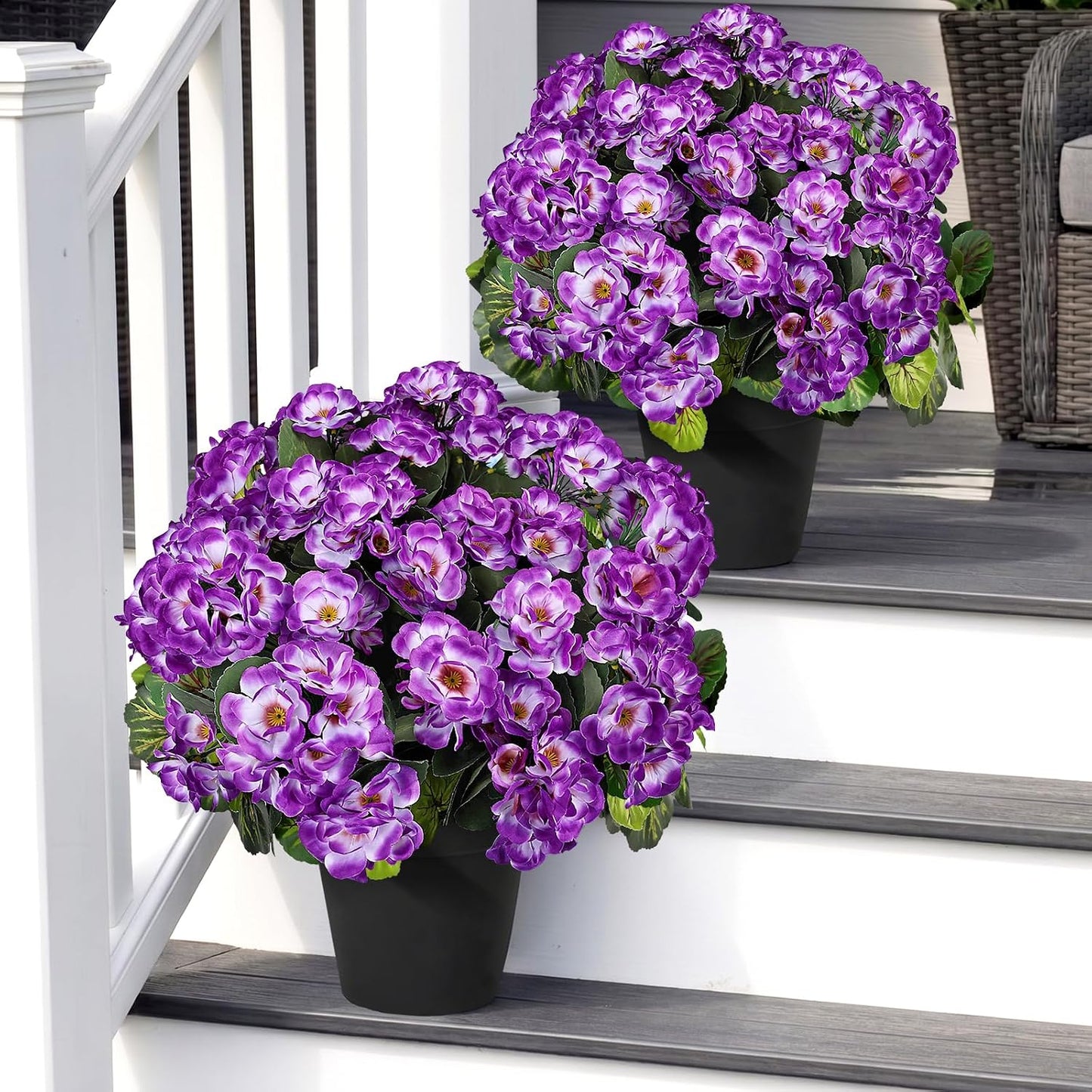 2 Pcs Pre-Potted Artificial Flowers for Outdoor - Pink | Faux Silk Geranium with Pot, 16 Inch, UV Resistant, Realistic, Front Porch Yard Balcony Home Decor