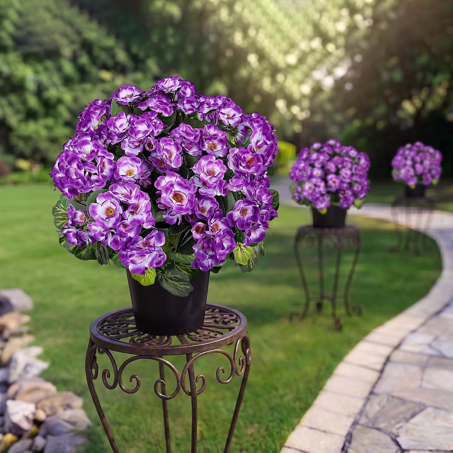 2 Pcs Pre-Potted Artificial Flowers for Outdoor - Pink | Faux Silk Geranium with Pot, 16 Inch, UV Resistant, Realistic, Front Porch Yard Balcony Home Decor