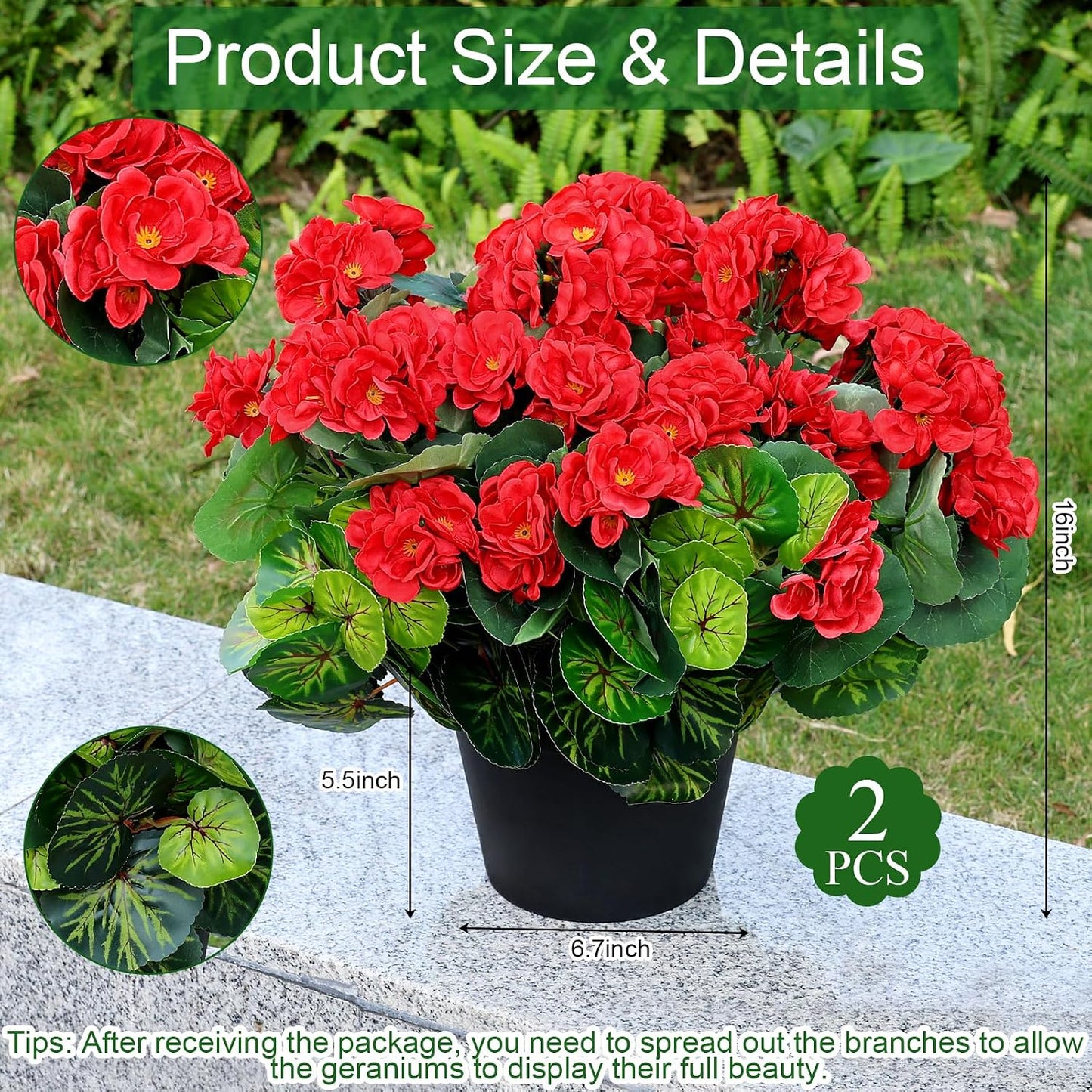 2 Pcs Pre-Potted Artificial Flowers for Outdoor - Pink | Faux Silk Geranium with Pot, 16 Inch, UV Resistant, Realistic, Front Porch Yard Balcony Home Decor