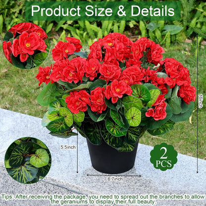 2 Pcs Pre-Potted Artificial Flowers for Outdoor - Pink | Faux Silk Geranium with Pot, 16 Inch, UV Resistant, Realistic, Front Porch Yard Balcony Home Decor