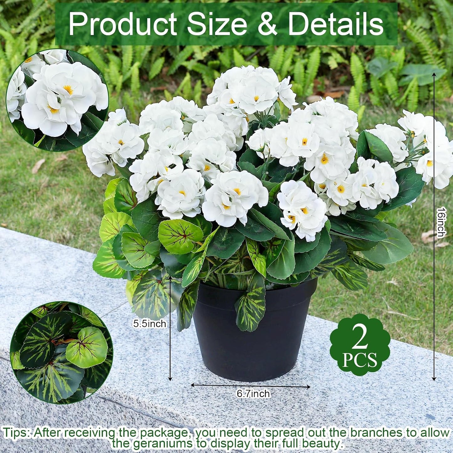 2 Pcs Pre-Potted Artificial Flowers for Outdoor - Pink | Faux Silk Geranium with Pot, 16 Inch, UV Resistant, Realistic, Front Porch Yard Balcony Home Decor