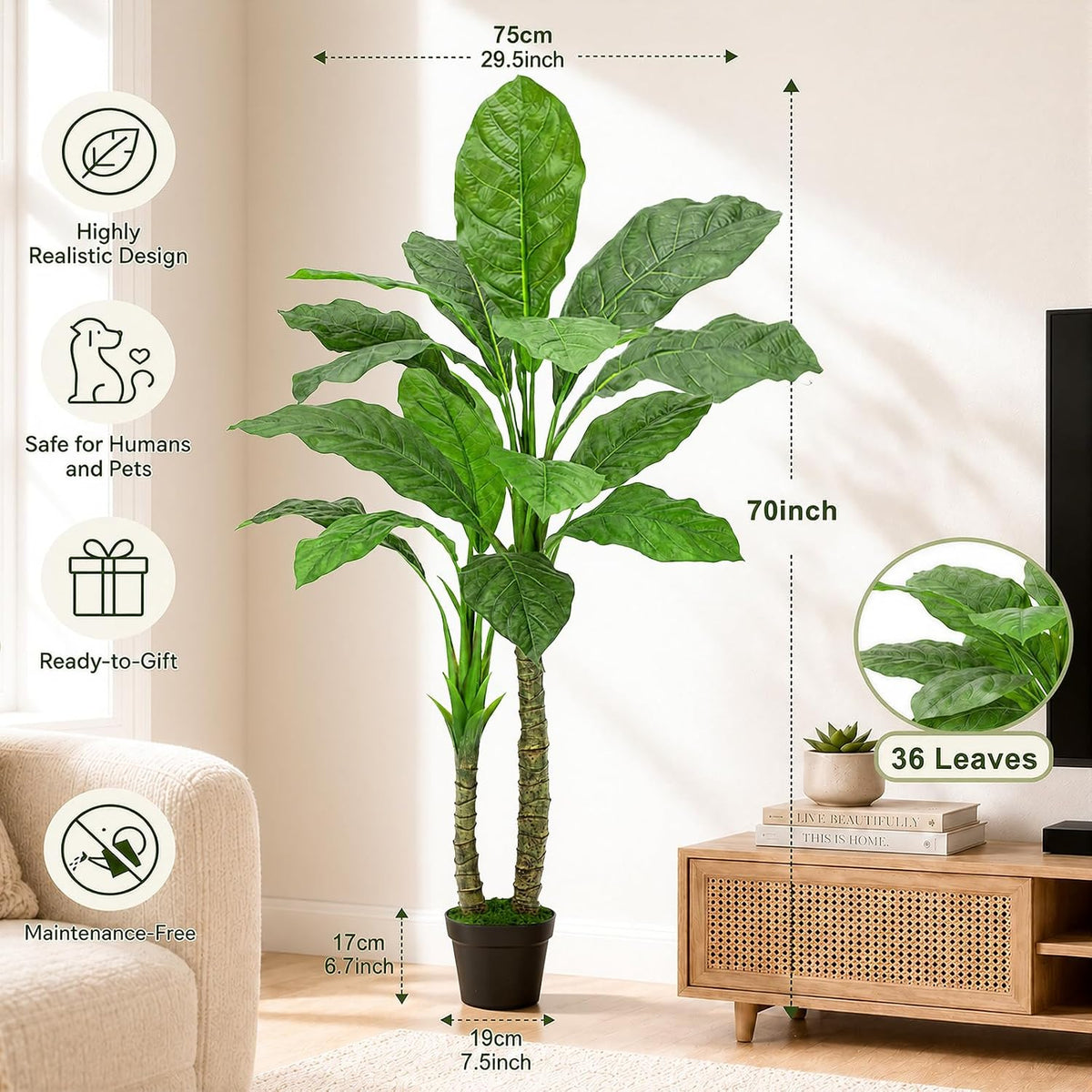 Artificial Banana Tree 6ft Tall Fake Banana Leaf Plant Faux Banana Tree with 15 Leaves Large Silk Tropical Tree for Home Mall Pool Patio Villa Indoor Outdoor Decor