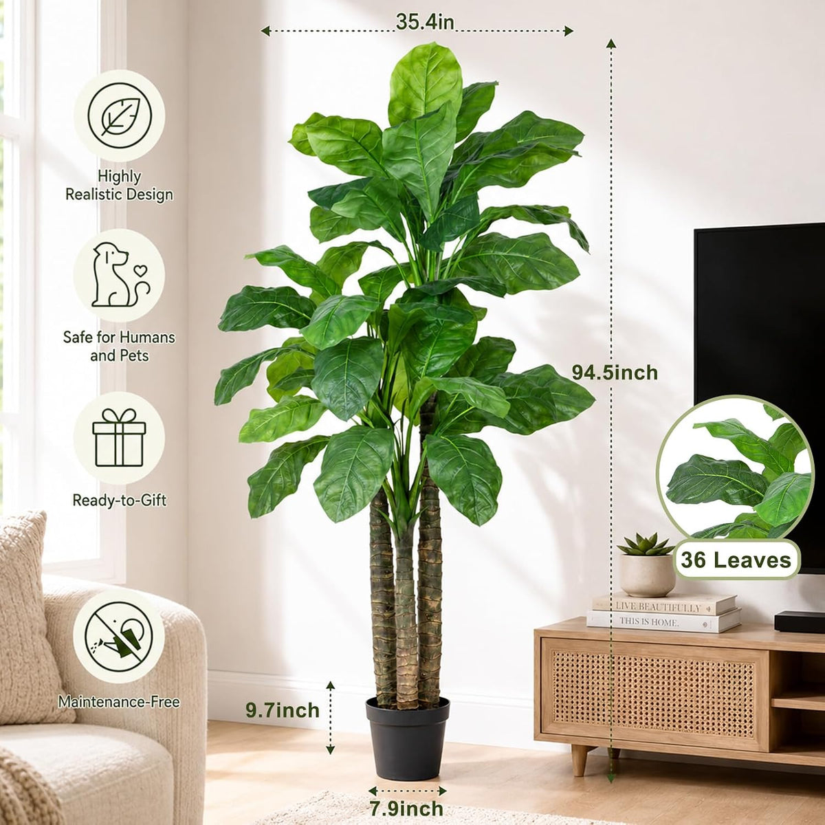 Artificial Banana Tree 6ft Tall Fake Banana Leaf Plant Faux Banana Tree with 15 Leaves Large Silk Tropical Tree for Home Mall Pool Patio Villa Indoor Outdoor Decor