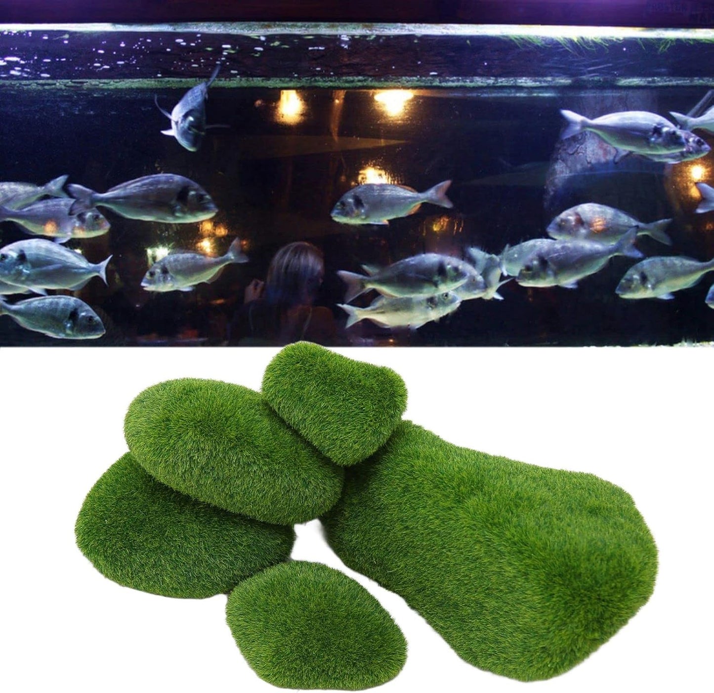 Fish Landscaping Stones, 5 Size Artificial Moss Rocks Decorative Resin Green Moss Balls Moss Stones Green Moss Covered Stones Fake Moss Decor Aquarium Decoration