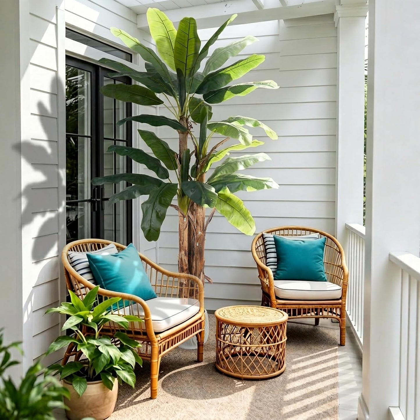 8FT Artificial Banana Tree, Tropical Plant, Large Faux Plant Outdoor | Faux Banana Leaf Plant, Artificial Tropical Tree, with Faux Moss, Fake Tree for Pool Patio Balcony Garden Living Room Decor