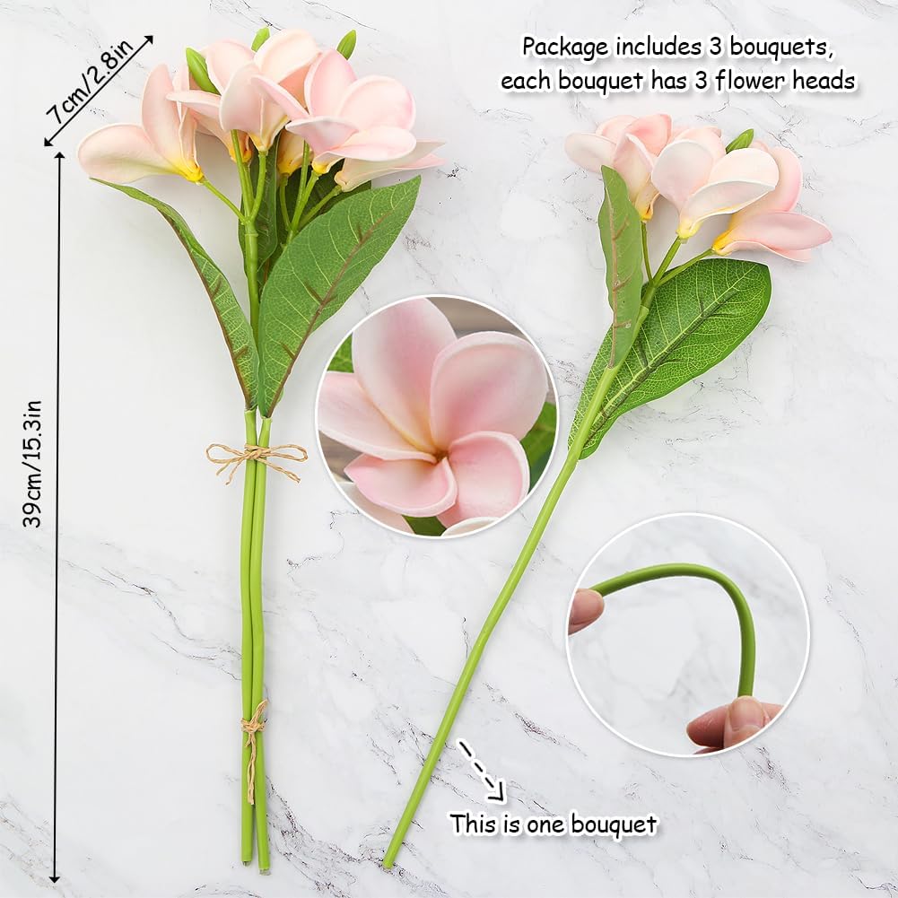 3 PCS Artificial Plumeria Flowers with Leaves,Lifelike Plumeria Frangipani and Bud Bouquets Total 9 Fake Flowers for Home Office Wedding Party Decoration DIY Bouquet Craft Gift (Pink)
