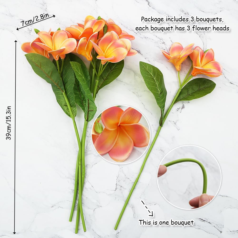 3 PCS Artificial Plumeria Flowers with Leaves,Lifelike Plumeria Frangipani and Bud Bouquets Total 9 Fake Flowers for Home Office Wedding Party Decoration DIY Bouquet Craft Gift (Pink)