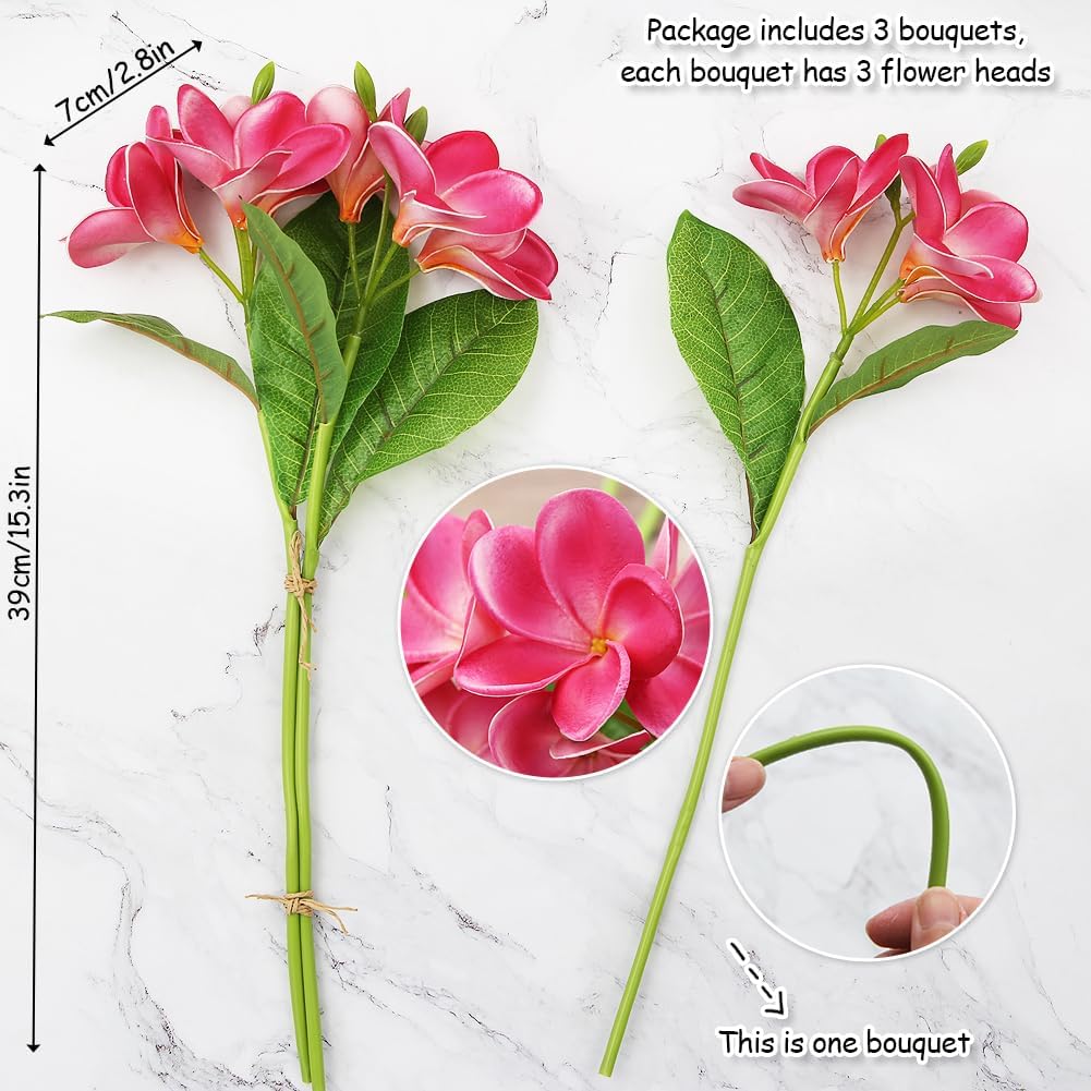 3 PCS Artificial Plumeria Flowers with Leaves,Lifelike Plumeria Frangipani and Bud Bouquets Total 9 Fake Flowers for Home Office Wedding Party Decoration DIY Bouquet Craft Gift (Pink)