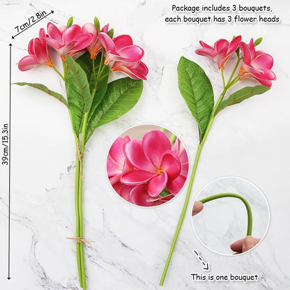 3 PCS Artificial Plumeria Flowers with Leaves,Lifelike Plumeria Frangipani and Bud Bouquets Total 9 Fake Flowers for Home Office Wedding Party Decoration DIY Bouquet Craft Gift (Pink)