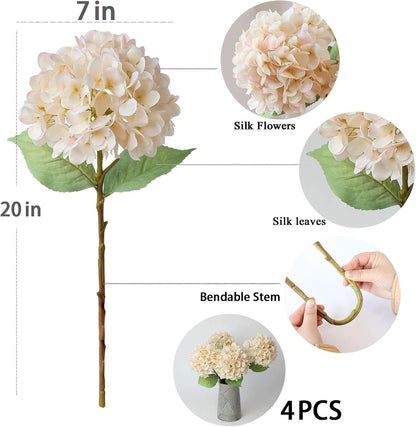 4Pcs Pink Artificial Hydrangea Flowers Large Fake Silk Hydrangea Flower with Leaves Stems Realistic Faux Hydrangeas Decorations for Wedding Table Centerpieces Vase Home Decor (Pink)