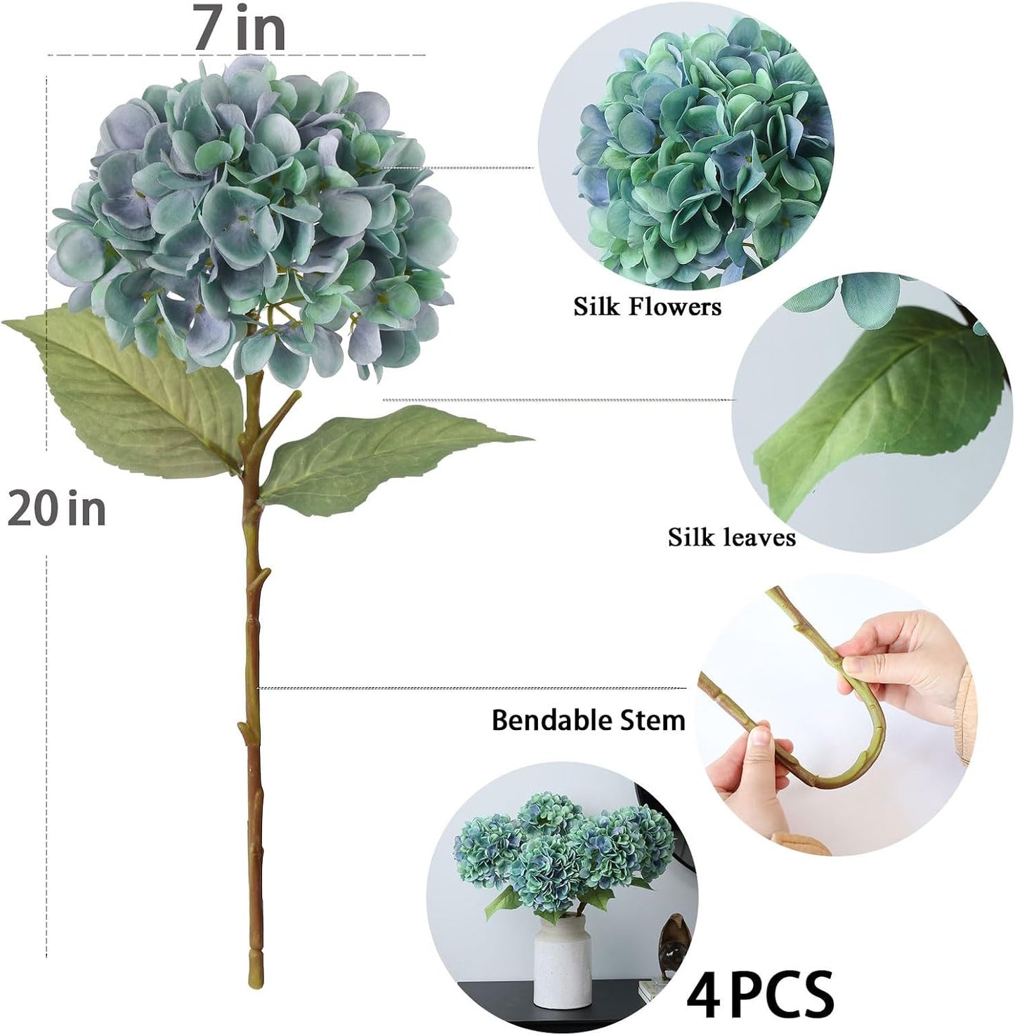 4Pcs Pink Artificial Hydrangea Flowers Large Fake Silk Hydrangea Flower with Leaves Stems Realistic Faux Hydrangeas Decorations for Wedding Table Centerpieces Vase Home Decor (Pink)