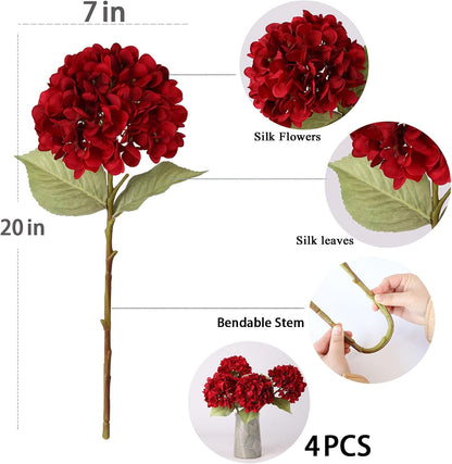 4Pcs Pink Artificial Hydrangea Flowers Large Fake Silk Hydrangea Flower with Leaves Stems Realistic Faux Hydrangeas Decorations for Wedding Table Centerpieces Vase Home Decor (Pink)