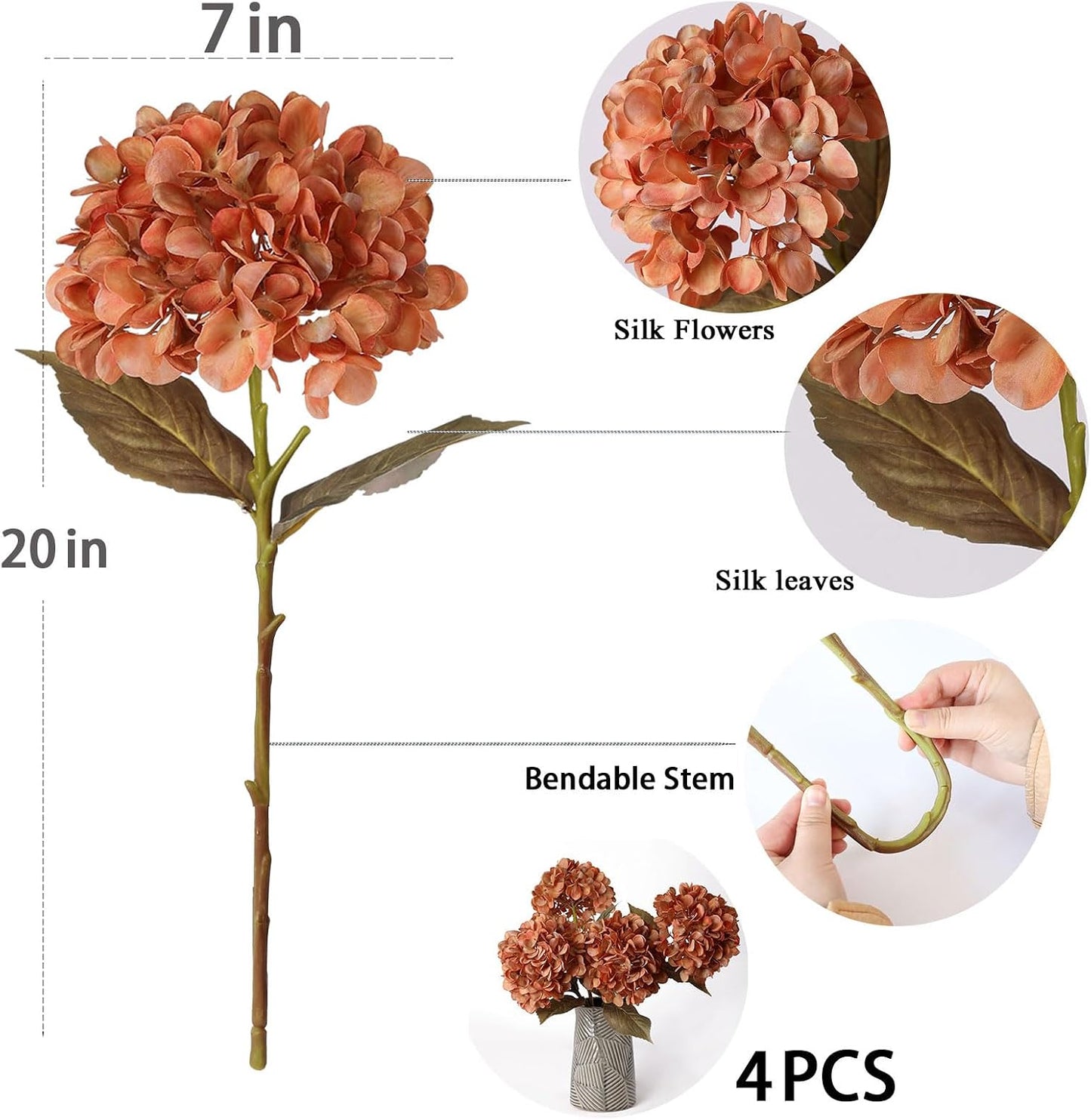 4Pcs Pink Artificial Hydrangea Flowers Large Fake Silk Hydrangea Flower with Leaves Stems Realistic Faux Hydrangeas Decorations for Wedding Table Centerpieces Vase Home Decor (Pink)