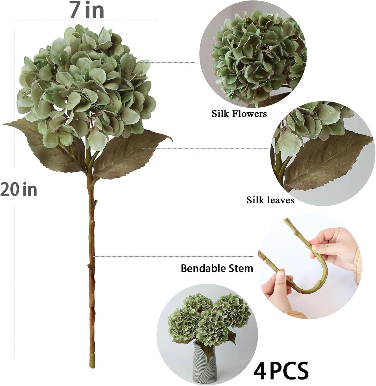 4Pcs Pink Artificial Hydrangea Flowers Large Fake Silk Hydrangea Flower with Leaves Stems Realistic Faux Hydrangeas Decorations for Wedding Table Centerpieces Vase Home Decor (Pink)