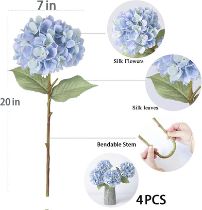 4Pcs Pink Artificial Hydrangea Flowers Large Fake Silk Hydrangea Flower with Leaves Stems Realistic Faux Hydrangeas Decorations for Wedding Table Centerpieces Vase Home Decor (Pink)