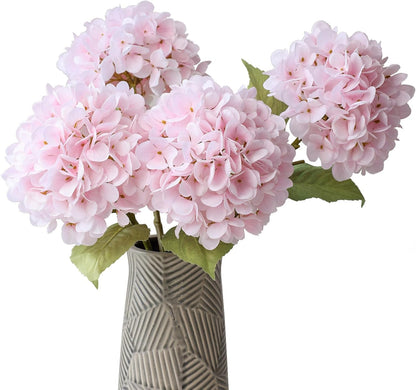 4Pcs Pink Artificial Hydrangea Flowers Large Fake Silk Hydrangea Flower with Leaves Stems Realistic Faux Hydrangeas Decorations for Wedding Table Centerpieces Vase Home Decor (Pink)
