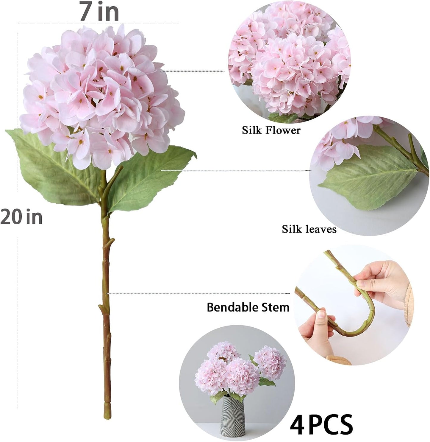 4Pcs Pink Artificial Hydrangea Flowers Large Fake Silk Hydrangea Flower with Leaves Stems Realistic Faux Hydrangeas Decorations for Wedding Table Centerpieces Vase Home Decor (Pink)