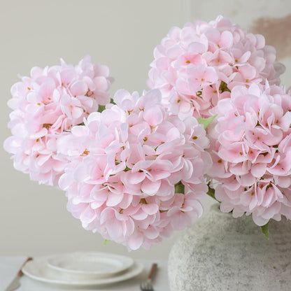 4Pcs Pink Artificial Hydrangea Flowers Large Fake Silk Hydrangea Flower with Leaves Stems Realistic Faux Hydrangeas Decorations for Wedding Table Centerpieces Vase Home Decor (Pink)