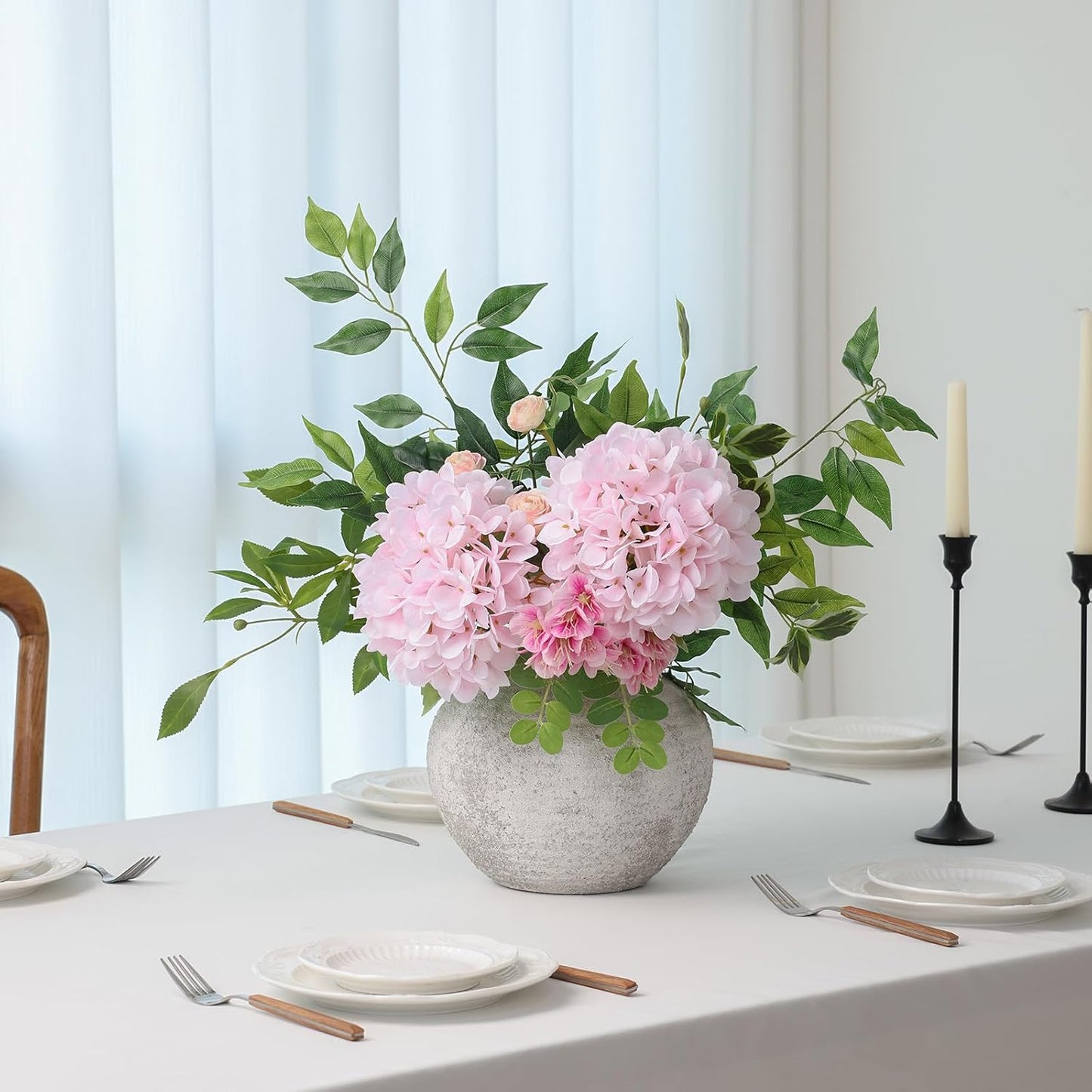 4Pcs Pink Artificial Hydrangea Flowers Large Fake Silk Hydrangea Flower with Leaves Stems Realistic Faux Hydrangeas Decorations for Wedding Table Centerpieces Vase Home Decor (Pink)