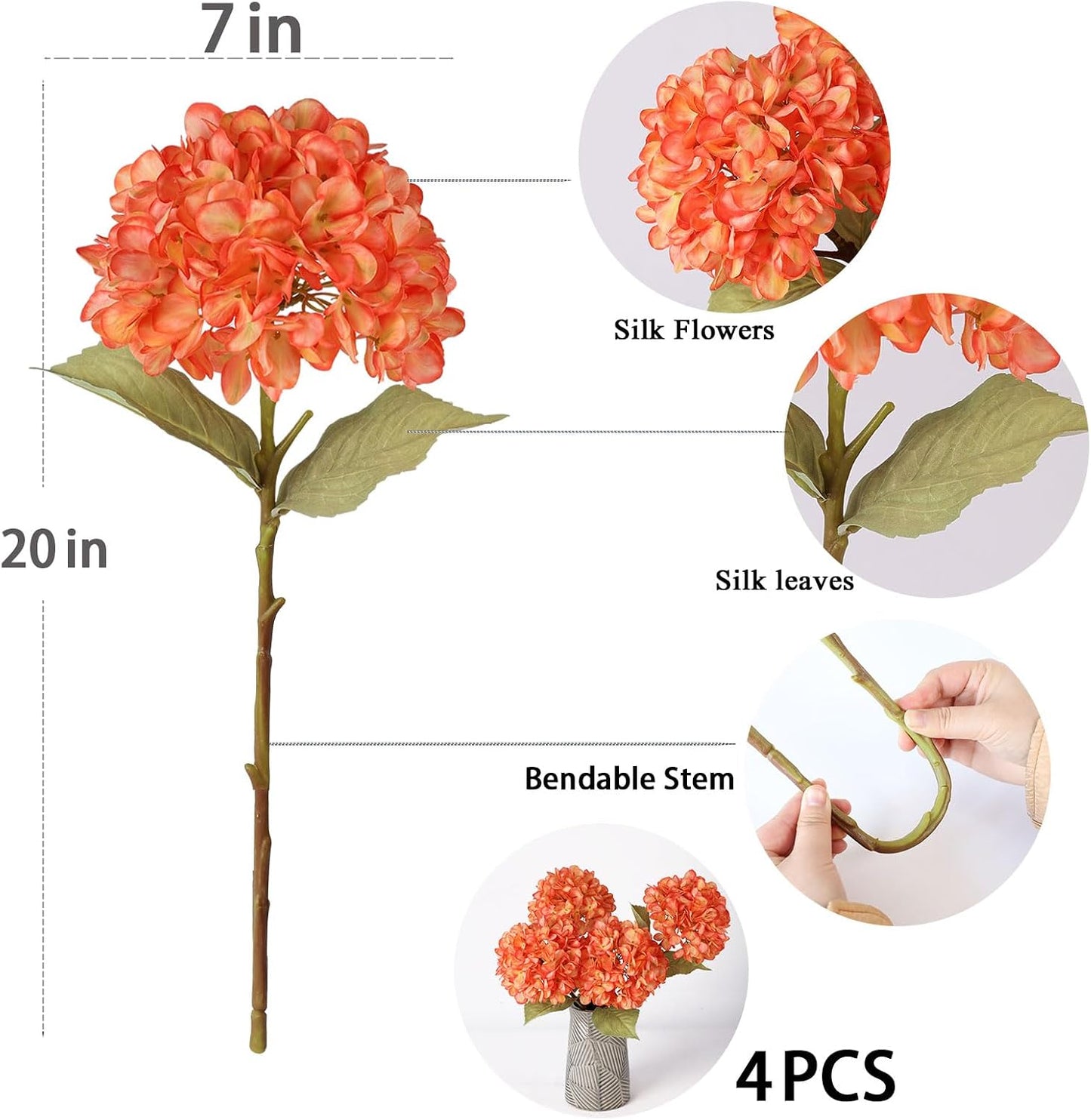 4Pcs Pink Artificial Hydrangea Flowers Large Fake Silk Hydrangea Flower with Leaves Stems Realistic Faux Hydrangeas Decorations for Wedding Table Centerpieces Vase Home Decor (Pink)
