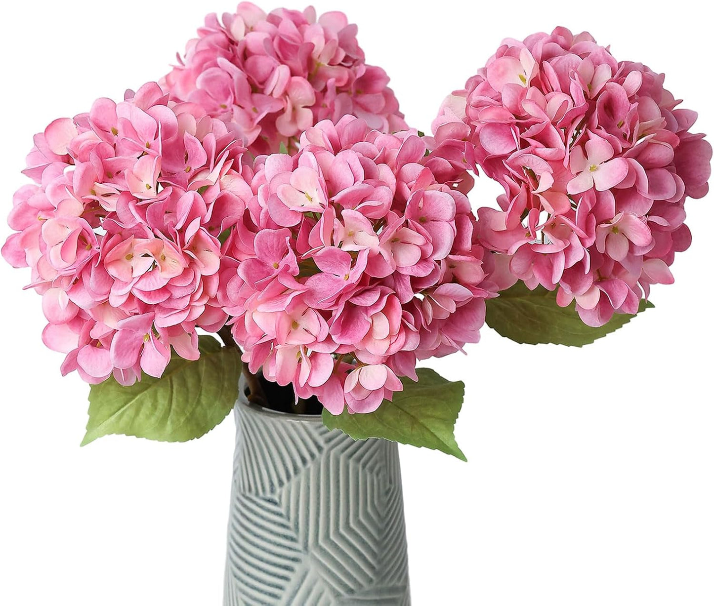 4Pcs Pink Artificial Hydrangea Flowers Large Fake Silk Hydrangea Flower with Leaves Stems Realistic Faux Hydrangeas Decorations for Wedding Table Centerpieces Vase Home Decor (Pink)