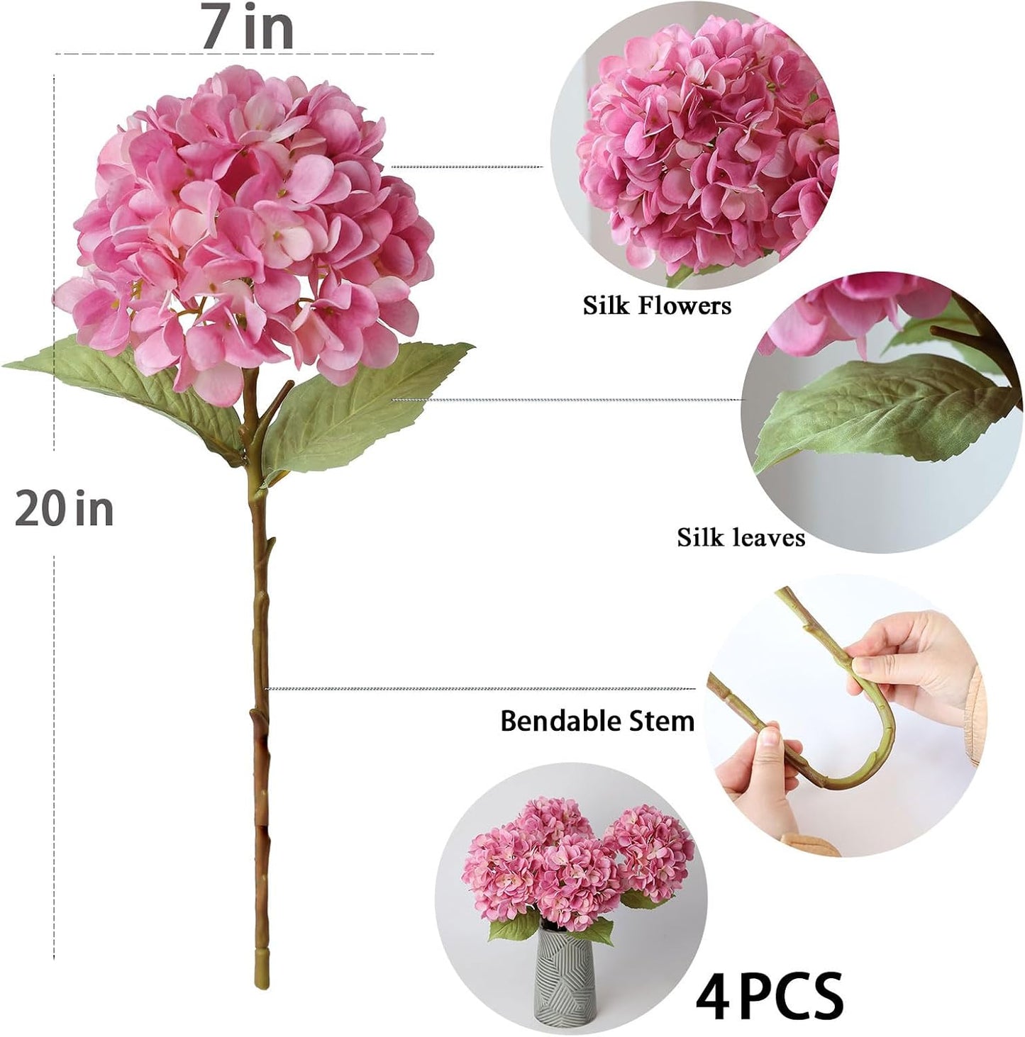 4Pcs Pink Artificial Hydrangea Flowers Large Fake Silk Hydrangea Flower with Leaves Stems Realistic Faux Hydrangeas Decorations for Wedding Table Centerpieces Vase Home Decor (Pink)