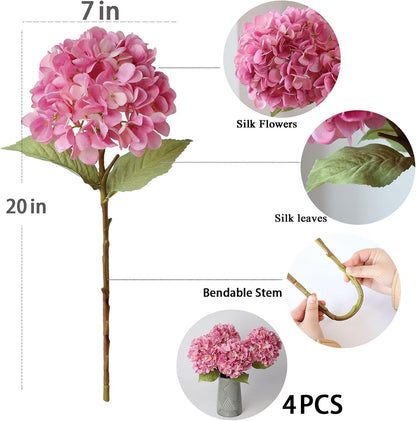 4Pcs Pink Artificial Hydrangea Flowers Large Fake Silk Hydrangea Flower with Leaves Stems Realistic Faux Hydrangeas Decorations for Wedding Table Centerpieces Vase Home Decor (Pink)