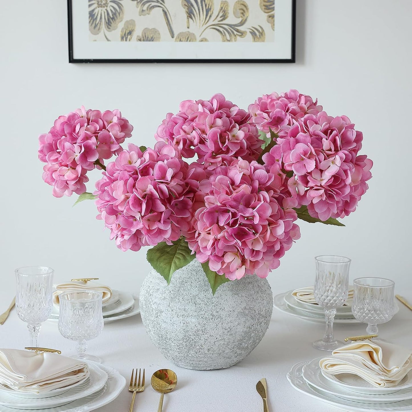 4Pcs Pink Artificial Hydrangea Flowers Large Fake Silk Hydrangea Flower with Leaves Stems Realistic Faux Hydrangeas Decorations for Wedding Table Centerpieces Vase Home Decor (Pink)