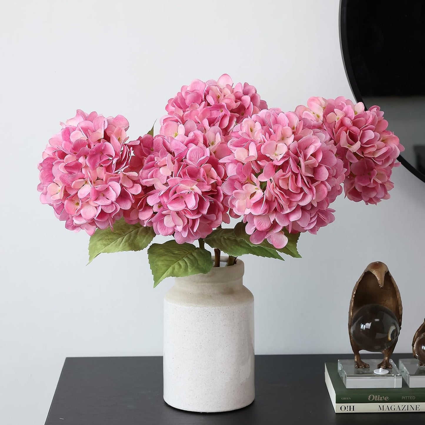 4Pcs Pink Artificial Hydrangea Flowers Large Fake Silk Hydrangea Flower with Leaves Stems Realistic Faux Hydrangeas Decorations for Wedding Table Centerpieces Vase Home Decor (Pink)