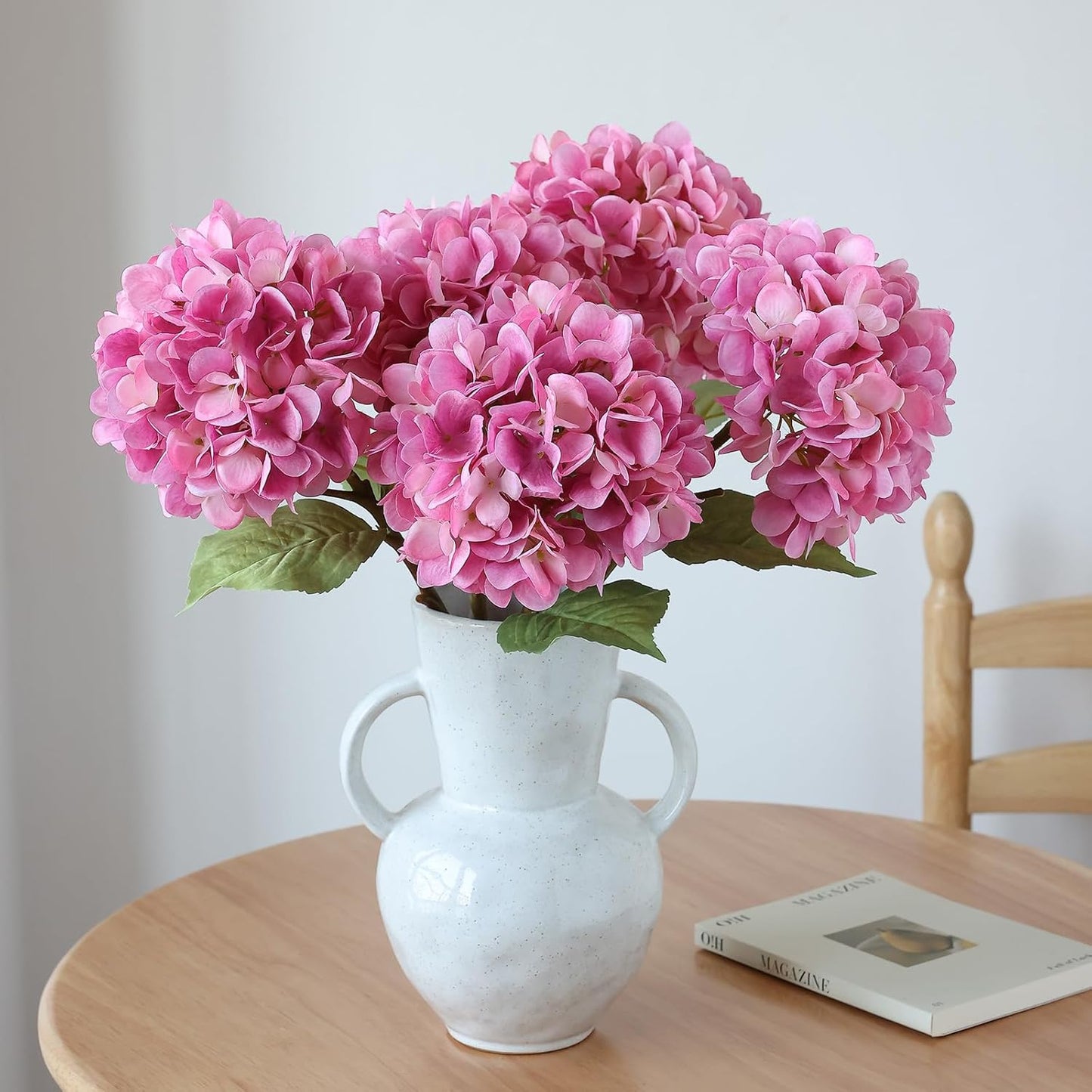 4Pcs Pink Artificial Hydrangea Flowers Large Fake Silk Hydrangea Flower with Leaves Stems Realistic Faux Hydrangeas Decorations for Wedding Table Centerpieces Vase Home Decor (Pink)