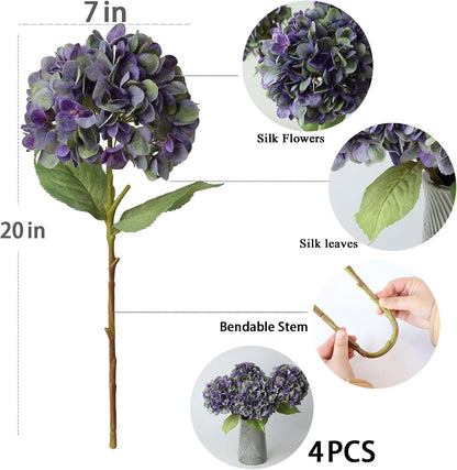 4Pcs Pink Artificial Hydrangea Flowers Large Fake Silk Hydrangea Flower with Leaves Stems Realistic Faux Hydrangeas Decorations for Wedding Table Centerpieces Vase Home Decor (Pink)