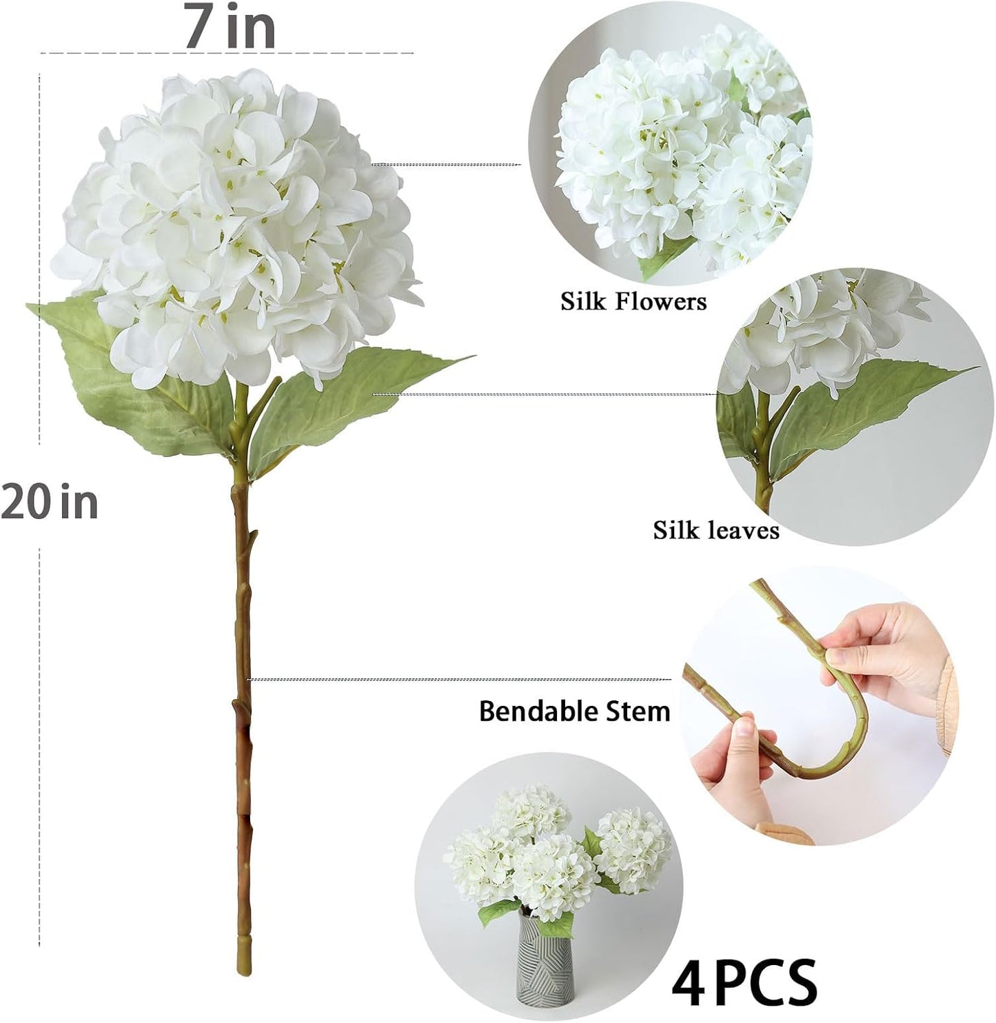 4Pcs Pink Artificial Hydrangea Flowers Large Fake Silk Hydrangea Flower with Leaves Stems Realistic Faux Hydrangeas Decorations for Wedding Table Centerpieces Vase Home Decor (Pink)