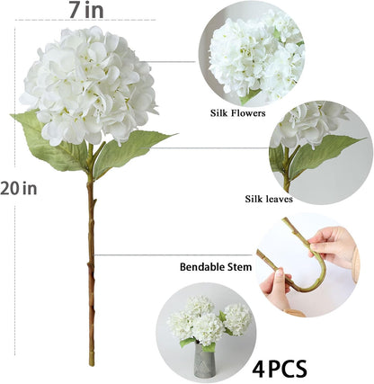 4Pcs Pink Artificial Hydrangea Flowers Large Fake Silk Hydrangea Flower with Leaves Stems Realistic Faux Hydrangeas Decorations for Wedding Table Centerpieces Vase Home Decor (Pink)
