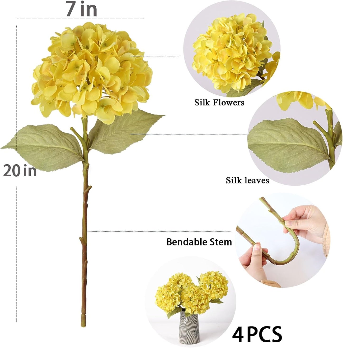 4Pcs Pink Artificial Hydrangea Flowers Large Fake Silk Hydrangea Flower with Leaves Stems Realistic Faux Hydrangeas Decorations for Wedding Table Centerpieces Vase Home Decor (Pink)